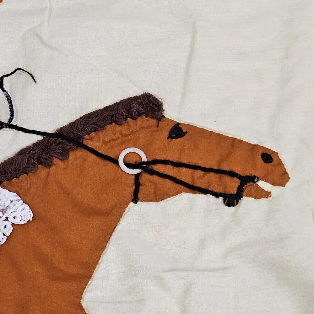 Vintage 70s‎ Homemade Holly Hobbie Quilt Handmade Rocking Horse Patchwork 45x61